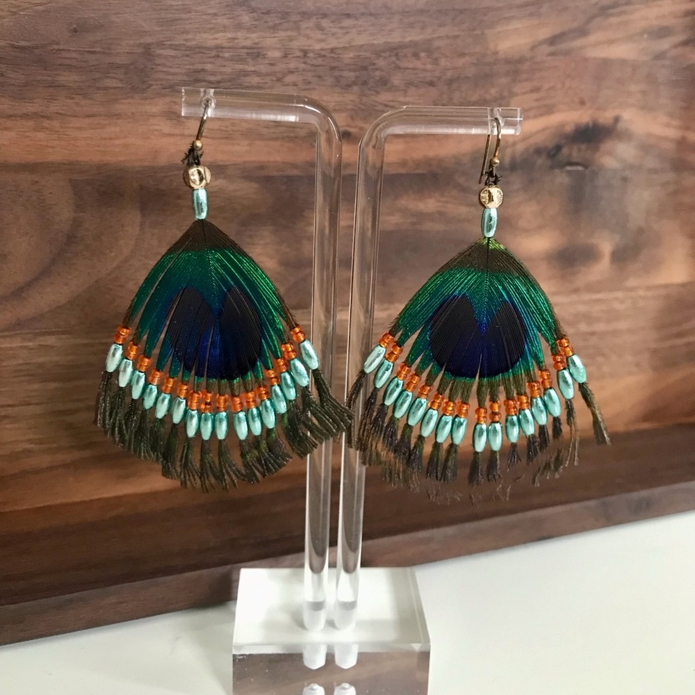 Feather Drop Earrings in Green and Blue with Turquoise Beads